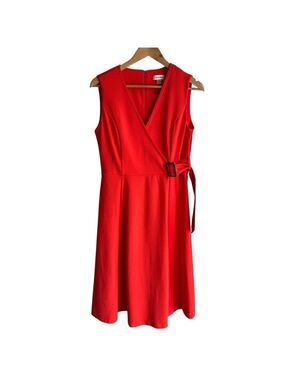 Calvin Klein Faux Wrap Dress Sz 12 Orange Fit & Flare Belted Sleeveless EUC